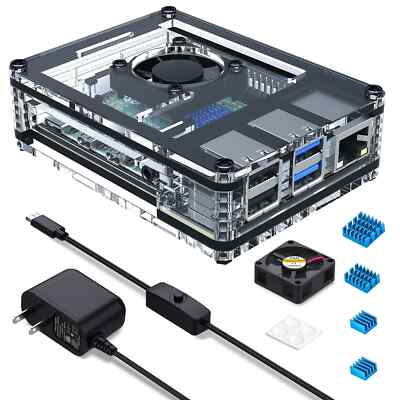 Raspberry Pi 4 Case with Fan Cooling Pi 4B Case with 5V 3A Power Supply, 4 pc...