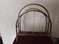 Vintage 1980's Gold Metal Magazine Rack Holder Stand Hollywood Regency