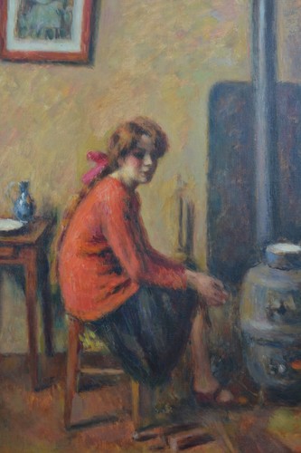 Tableau ancien Portrait Jeune femme dans l'atelier poêle Guerin Japon expo1907 - Photo 4/12