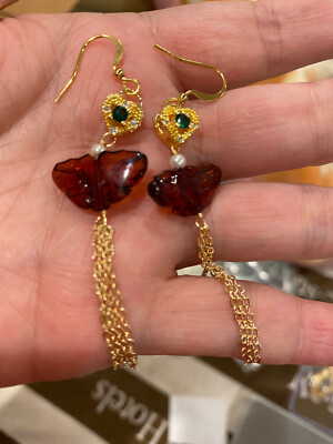 NEW HIGH END*RARE*GORGEOUS CHEERY AMBER稀有天然血珀 EMERALD GOLDS925银镀金 EARRINGS!!