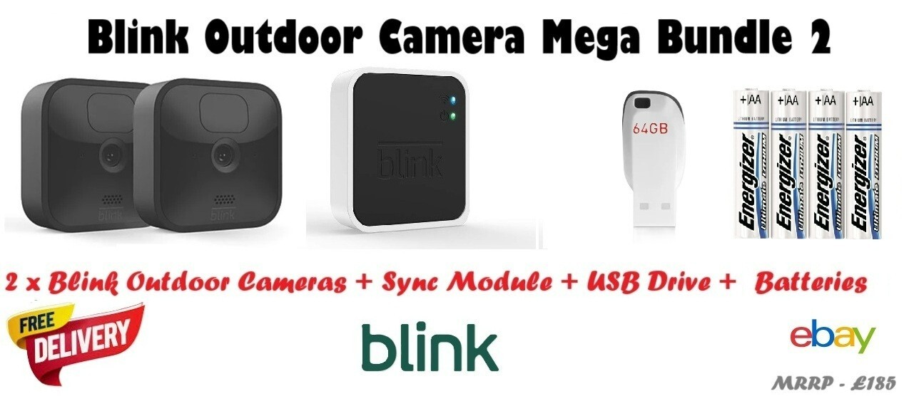Blink Outdoor Camera Mega Bundle 2 Cameras, Sync Module, USB Drive, 4 Batteries