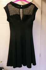 New Look Black Stretch Short Flared Dress with Lace Panel - Size 10 - Ex Cond