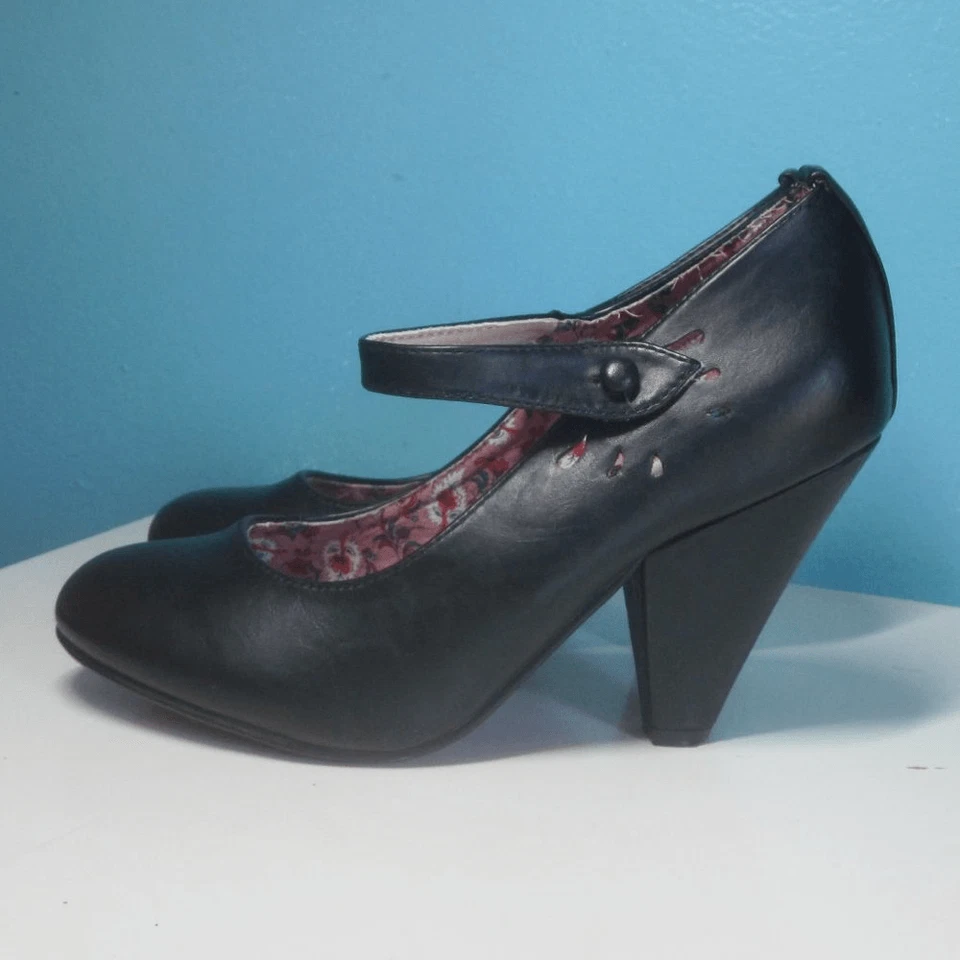 Zapatos Bettie Page de Ellie para mujer talla 7 cuero negro correa Mary Jane tacones de 3,5" Foto 3 de 4