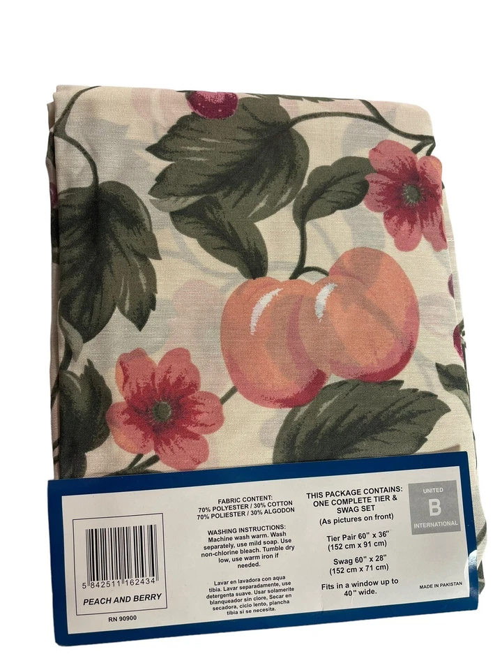 "Juego de 3 cortinas de café vintage de melocotón y bayas de 60"" nuevo" Foto 3 de 4