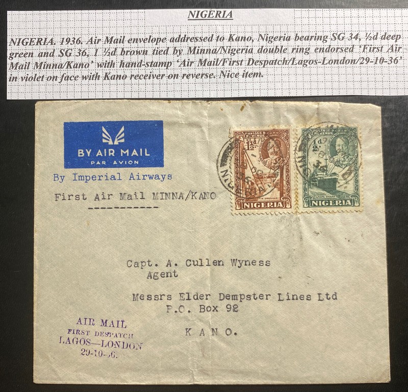1936 Minna Nigeria First Direct Flight Airmail Cover FFC to Kano Imperial Airway