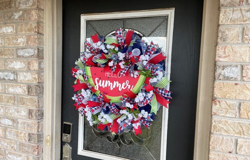 Hello Summer Watermelon Floral Patriotic Memorial Day 4th of July Mesh Wreath - Picture 5 of 6