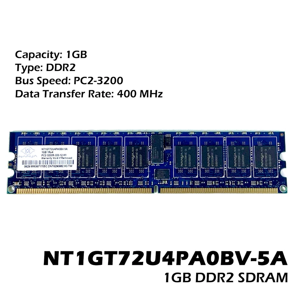 Lote x 4 Nanya 1GB 400Mhz PC2-3200R DDR2 ECC Servidor Memoria RAM NT1GT72U4PA0BV-5A Foto 2 de 4