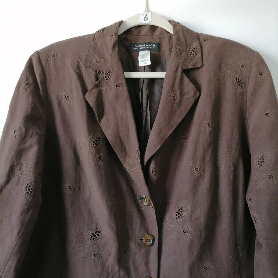 Blazer Jones New York Collection Mujer Marrón Ojales Pecho Único Talla 14W Foto 3 de 4
