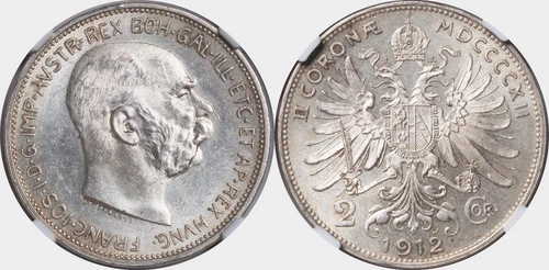 1912, Austria, Francis Joseph I. Beautiful Silver 2 Corona Coin. NGC MS-63!