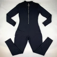 Womens Black Bodysuit Jumpsuit Zipper Catsuit Size L Overall One Piece - New