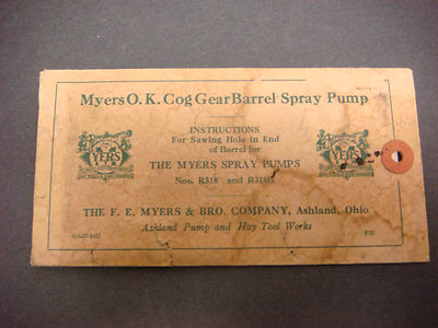 #ad 1953 Myers O.K. Cog Gear Barrel Spray Pump Instruction Hole Pattern #318 S8621 $13.59