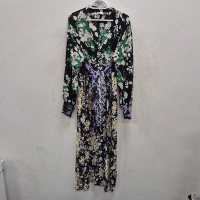 RIXO Fedora schwarz grün Blumen Wickel Maxi Seide Kleid V Ausschnitt Langarm Gr. XL