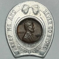 1953 D Encased Wheat Cent Given Bros Best O' Luck Keep Me & Never Go Broke