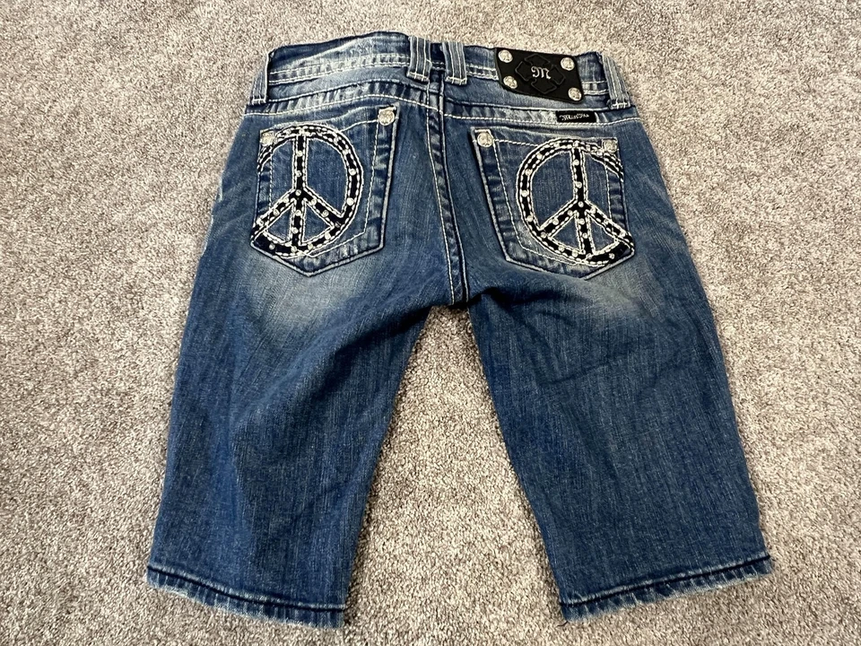 Miss Me Bermuda Shorts Womens 26 Blue JP5091BM Peace Sign Rhinestone Distressed - Image 3 of 4