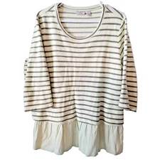 LOGO by Lori Goldstein Large Oversized Striped Blouse Ruffle Hem Cream Gray