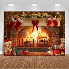 Mocsicka Christmas Fireplace Backdrop for Photography 7x5ft, Red 