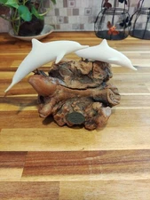 John Perry White Dolphin Sculpture On Burl Wood Stand - Marine Life Sculpture