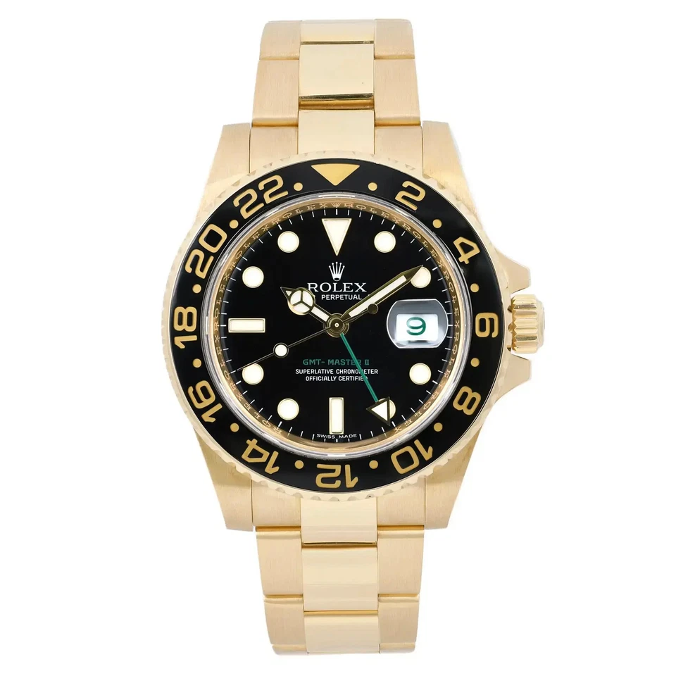 Rolex GMT-Master II 18K oro amarillo esfera negra reloj automático para hombres 116718