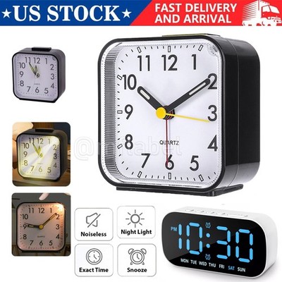 LED Desk Alarm Clock Nightlight Snooze Quiet Battery Powered Bedroom Non Ticking