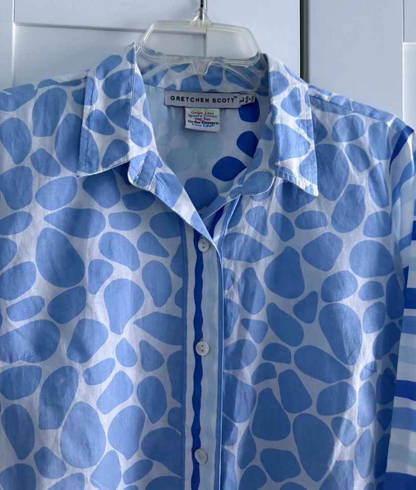 Blusa Top Gretchen Scott Talla L Azul Estampado Geométrico Abotonada Algodón Foto 2 de 4
