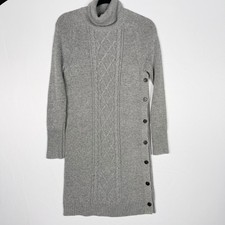 J Crew XSmall XS Gray Wool Blend Cable Knit Turtleneck Sweater Dress Button Side