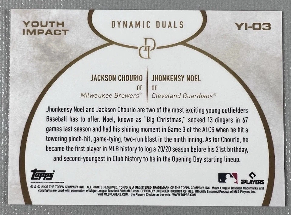 2025 Topps Dynamic Duals Jackson Chourio/ Jhonkensy Noel 2/5 Youth Impact YI-03 - Image 2 of 2