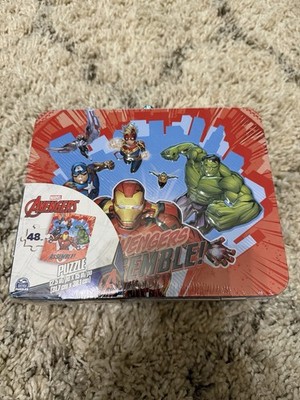 Marvel AVENGERS LUNCH BOX w ASSEMBLE 48pc 12.5'' x 15'' Jigsaw Puzzle SEALED NEW !