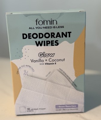 Fomin Deodorant Wipes Glow Vanilla Coconut Travel Body Wipes 15 Ct NEW