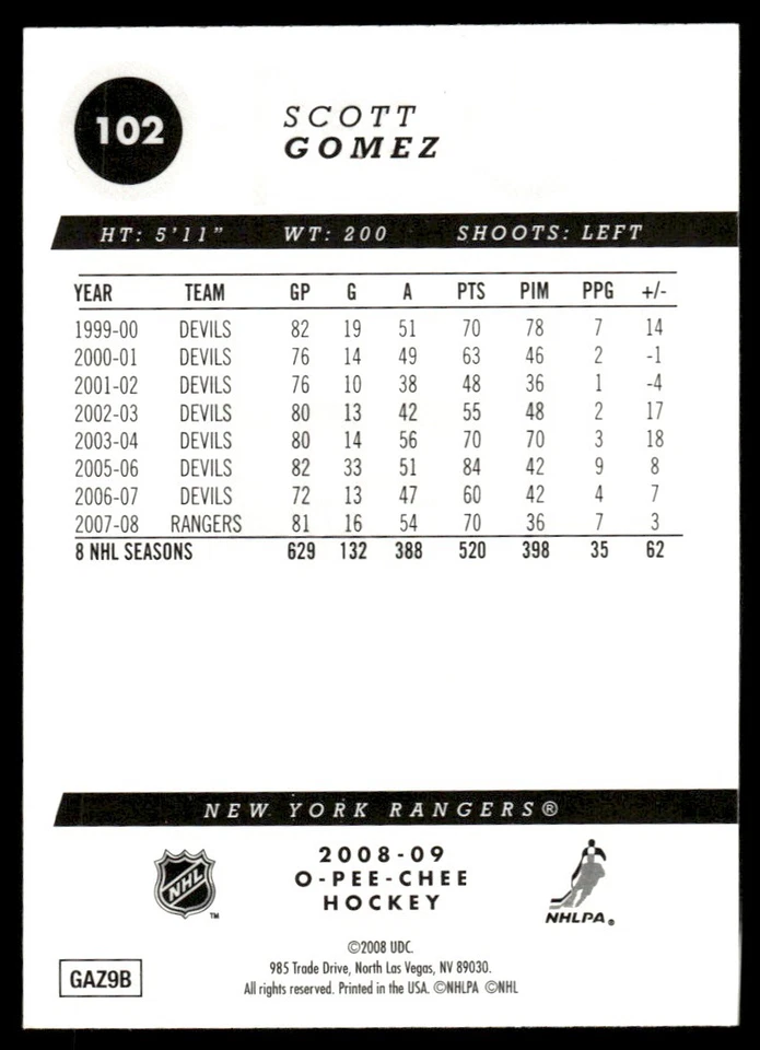 2008-09 O-Pee-Chee Gold Scott Gomez New York Rangers #102 - Image 2 of 2
