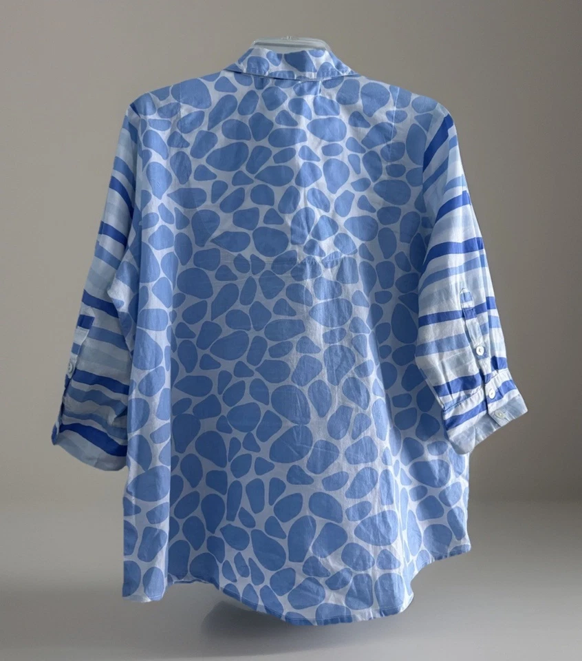 Blusa Top Gretchen Scott Talla L Azul Estampado Geométrico Abotonada Algodón Foto 3 de 4