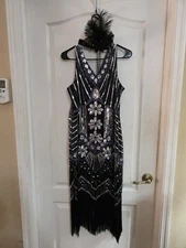 Flapper Black And Silver Sequence Halloween Dress Up With Accessories