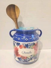 The Pioneer Woman Utensil Holder Heritage Blue Floral with Wooden Spoon