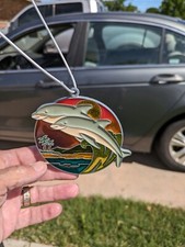 Set of 2 Leaded Stained Glass Sun Catchers 1-Dolphins In Ocean 1-Angel W/Dove