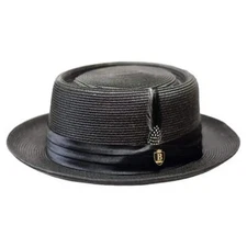 Men's Bruno Capelo RAFAELE Braid Straw Pork Pie Hat Telescope Crown RF-400 Black