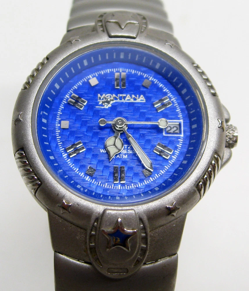 Unisex MONTANA TIME MT858 Western Stainless Steel Quartz Watch Blue Face NICE