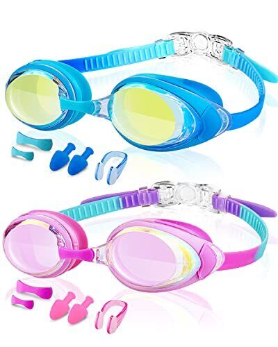 Kids Swim Goggles, 2 Pack Anti Fog&UV Swimming Goggles for Pink & Clear Blue - Picture 1 of 7