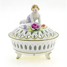 Vintage German Porcelain GDR Covered Dish With Cherub