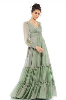Mac Duggal Size 16 Faux Wrap Long Sleeve Tiered Gown in Sage, MSRP $598