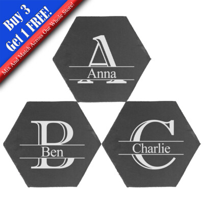 Personalisierte Gravur Neuheit Initiale und Name Sechseck Schiefer Untersetzer, 4er Set