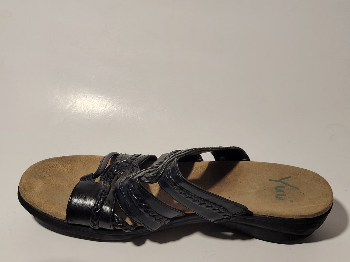 靴 yuu Yuu Womens 9.5 WIDE Black Slip On Toe Ring Flip Flop Slide