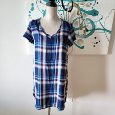 NEW Anthropologie Cloth & Stone Women's Size S Blue Plaid V Neck Tee Shirt Dress