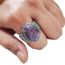NATURAL MULTI MYSTIC TOPAZ BIRTHSTONE 925 STERLING SILVER TURKEY HEAVY MENS RING