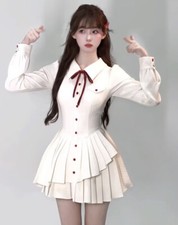 New Preppy School Girls Ruffle A-Line Shirt Dress Sweet Japanese Pleated Skirts