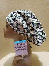 Daisies Black Women's Euro/Chef Surgical Scrub Hat/Cap Handmade