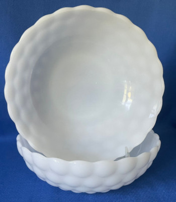 2 ~ Vintage White BUBBLE MILK GLASS Anchor Hocking 8'' Vegetable Serving Bowls