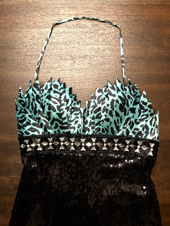 Maxi Vestido de Noche Terani Para Mujer Negro Azul Estampado Animal Lentejuelas Talla 6 Foto 3 de 4