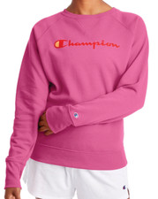 CHAMPION Dark Pink ORANGE SPELL-OUT LOGO Crew Neck Boyfriend SWEATSHIRT/TOP M