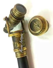 Vintage Brass Hidden Telescope with Compass on Top Wooden Walking Stick Cane