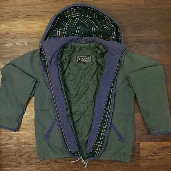 Chaqueta con Capucha Verde Kaos by Andy Johns Vintage Años 80/90 Interior a Cuadros Talla S Foto 3 de 4
