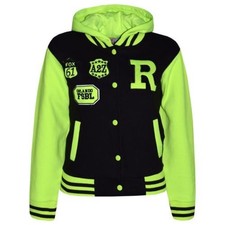 Kids Girls Boys Baseball Hooded Black Neon Green NYC FOX Jacket Varsity Coat